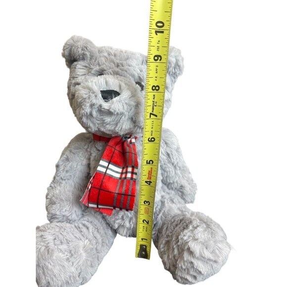 Gray Teddy Bear plush with red plaid winter scarf Sitting Stuffed Animal - Picture 4 of 5
